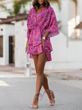 Momentlover Printed Elasticity Double Layered Three-Quarter Sleeves Loose V-Neck Mini Dresses