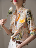 Momentlover Printed Pockets Buttoned Plus Size Loose Lapel Blouses&shirts Tops