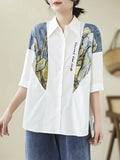 Momentlover Printed Loose Half Sleeves Lapel Blouses&shirts Tops