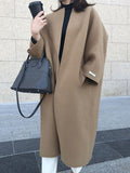 Momentlover Solid Color Loose Long Sleeves Collarless Woolen Coat