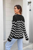 Momentlover Wave Pattern Round Neck Long Sleeve Sweater