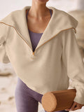 Momentlover Zipper Solid Color Loose Long Sleeves V-Neck Sweatshirt Tops