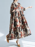 Momentlover Floral Printed Short Sleeves Puff Sleeves Round-Neck Midi Dresses