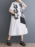 Momentlover Flower Print Buttoned Asymmetric Short Sleeves Loose Lapel Shirt Dress Midi Dresses