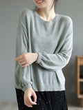 Momentlover Solid Color See-Through Loose Long Sleeves Round-Neck Sweater Tops