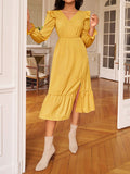 Momentlover Tied Split-Side Split-Joint Solid Color Ruffled Elasticity Backless Loose Long Sleeves V-Neck Midi Dresses