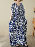 Momentlover Floral Printed Short Sleeves Loose V-Neck Maxi Dresses
