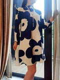 Momentlover Pleated Flower Print Plus Size Loose Mock Neck Mini Dresses