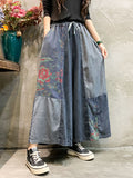 Momentlover Casual Wide Leg Loose Color-Block Bandage Embroidered Jean Pants Bottoms