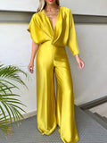 Momentlover Asymmetric Solid Color Deep V-Neck Jumpsuits