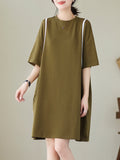 Momentlover Split-Joint Short Sleeves Loose Round-Neck Mini Dresses