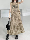 Momentlover Pleated Letter Print Asymmetric Sleeveless Loose Round-Neck Vest Top