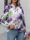 Momentlover Pleated Flower Print Elasticity Puff Sleeves Loose Mock Neck Blouses&Shirts Tops