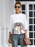 momentlover Casual High-Low Loose Printed Stand Collar Blouses&Shirts Tops