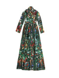 Momentlover Zipper Flower Print Elasticity Bowknot Loose Long Sleeves Round-neck Maxi Dresses