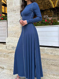 Momentlover Striped Solid Color Skinny Long Sleeves Round-Neck Maxi Dresses