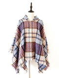 Momentlover Plaid Keep Warm Hooded Fringed Shawl&Cloak Cape
