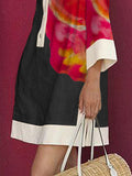 Momentlover Loose Three-Quarter Sleeves Buttoned Contrast Color Flower Print Lapel Mini Dresses Shirt Dress