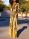 Momentlover High Waisted Three-Quarter Sleeves Shiny Solid Color Deep V-Neck Jumpsuits Bottoms
