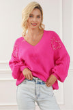 Momentlover Pearl Detail V-Neck Long Sleeve Sweater