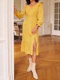 Momentlover Tied Split-Side Split-Joint Solid Color Ruffled Elasticity Backless Loose Long Sleeves V-Neck Midi Dresses