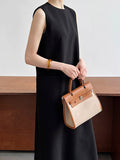 Momentlover Zipper Split-Back Solid Color Pockets Sleeveless Loose Round-Neck Midi Dresses