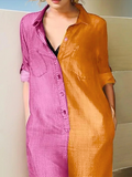 Momentlover Long Sleeves Loose Buttoned Contrast Color Lapel Collar Maxi Dresses