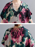 Momentlover Artistic Retro Short Sleeves Loose Floral Printed Contrast Color V-Neck Maxi Dresses