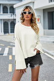 Momentlover High-Low Slit Round Neck Long Sleeve Sweater