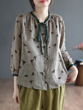 Momentlover Lace-Up Floral Printed Loose Long Sleeves Round-Neck Blouses&Shirts Tops