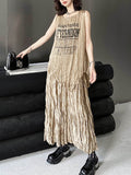 Momentlover Pleated Letter Print Asymmetric Sleeveless Loose Round-Neck Vest Top