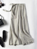 Momentlover Simple Ramie Cotton Solid Color Loose Ninth Wide-Leg Pants