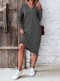Long Sleeves Loose Drawstring Striped Zipper Hooded Midi Dresses