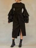 Momentlover Flared Sleeves Asymmetric Layered Ruffled Solid Color Split-Back Split-Front Midi Dresses