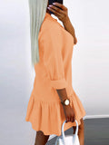 Momentlover Split-Joint Solid Color Pleated Buttoned Loose Long Sleeves Lapel Shirt Dress Mini Dresses