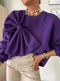 Momentlover Long Sleeves Loose Bow-Embellished Solid Color Round-Neck Hoodies&Sweatshirt Sweatshirt Tops