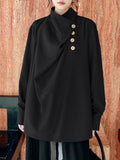 Momentlover Split-Joint Solid Color Pleated Buttoned Asymmetric Loose Long Sleeves High Neck Blouses