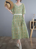 Momentlover Split-Joint Printed Pleated Hollow Short Sleeves Loose Round-Neck Midi Dresses