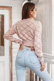 Momentlover Openwork Plaid Round Neck Cropped Sweater