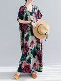 Momentlover Artistic Retro Short Sleeves Loose Floral Printed Contrast Color V-Neck Maxi Dresses