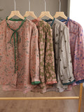 Momentlover Lace-Up Floral Printed Loose Long Sleeves Round-Neck Blouses&Shirts Tops