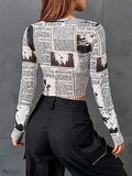 Momentlover Letter Print Skinny Long Sleeves Round-Neck T-Shirts Tops