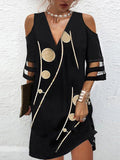 Momentlover Split-Joint Printed Polka-Dot Mesh Hollow Plus Size Loose V-Neck Mini Dresses