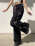 Loose Wide Leg Bowknot Drawstring Elasticity Split-Joint Pants Trousers