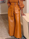 Momentlover Zipper Solid Color Belted Wide Leg High Waisted Trousers Pants