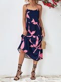 Momentlover Floral Printed Contrast Color Sleeveless Loose Spaghetti-Neck Midi Dresses