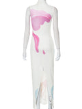 Momentlover Split-Back Flower Print Sleeveless High Waisted Mock Neck Maxi Dresses