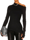 Momentlover Stylish Solid Color One-Shoulder Long Sleeves T-Shirt Top