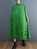 Momentlover Solid Color Polka-Dot Hollow Asymmetric Loose Long Sleeves Lapel Midi Dresses