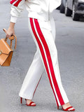 Momentlover Loose Straight Leg Contrast Color Split-Joint Striped Pants Trousers